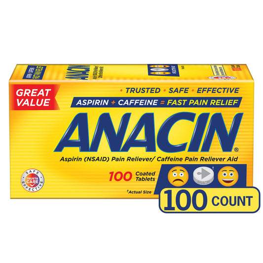 Anacin Fast Pain Relief Pain Reducer Aspirin Tablets, 100 Tablets