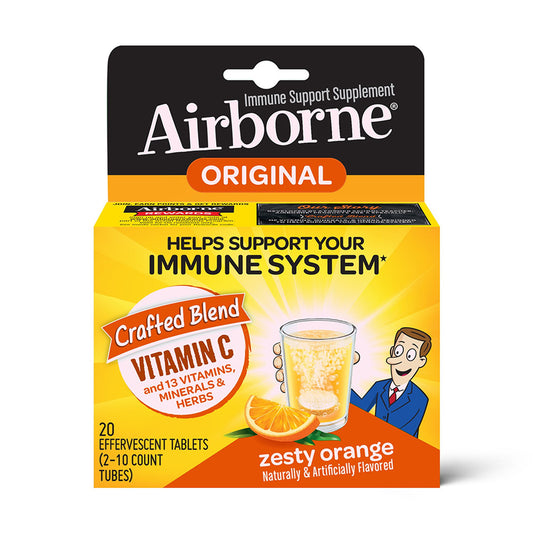 Airborne 1000mg Vitamins amin C With Zinc Effervescent Tablets, Immune Support Orange Flavor, 20 Ct