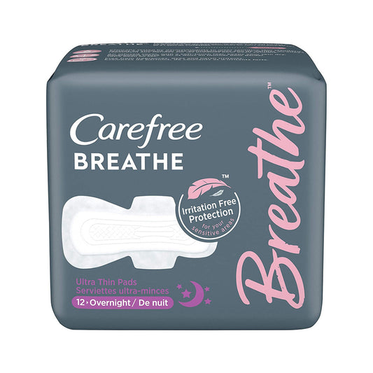 Carefree Breathe Ultra-Thin Pads with Wings Overnight, 12 Ea