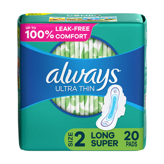 Always Ultra Thin Daytime Pads, with Wings Size 2 Long Super Unscented, 20 Ct