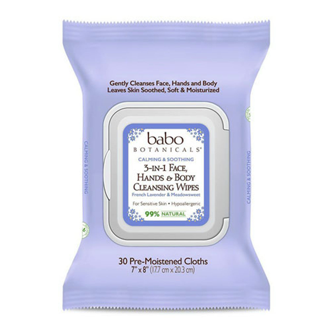 Babo Botanicals 3 In 1 Face, Hand And Body Cleansing Wipes, French Lavender, Meadowsweet, 30 Ea