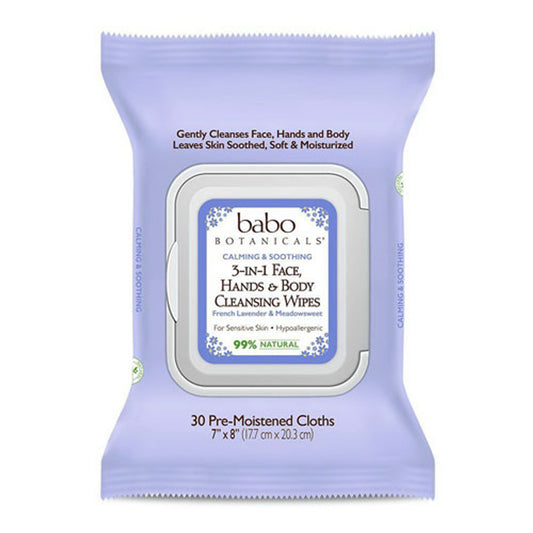 Babo Botanicals 3 In 1 Face, Hand And Body Cleansing Wipes, French Lavender, Meadowsweet, 30 Ea
