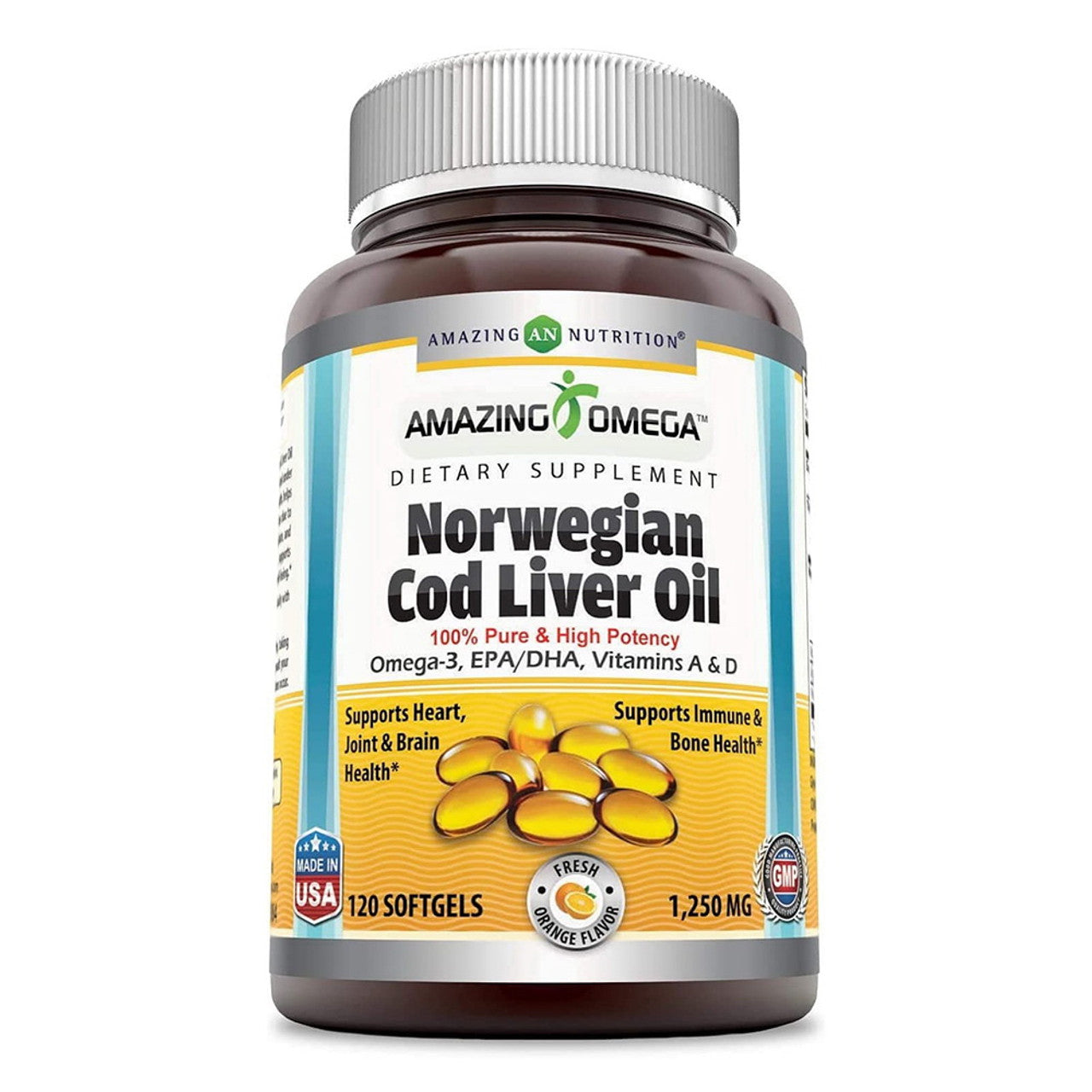 Amazing Omega Norwegian Cod Liver Oil 1250mg Orange Softgels, 120 Ea