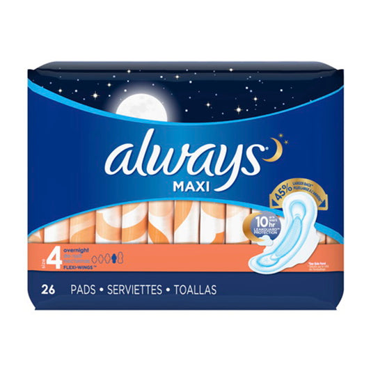 Always Maxi Size 4 Overnight Pads with Wings, Unscented, 26 Ea