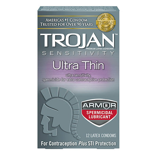 Trojan Sensitivity Ultra Thin Lubricated Latex Condoms, Spermicidal - 12 Ea