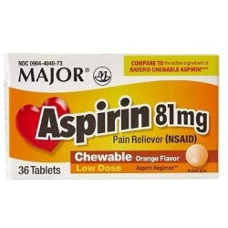 Aspirin 81mg Chewable Orange Flavored Tablets Generic for Bayer Childrens Aspirin 36 Tabs per Box