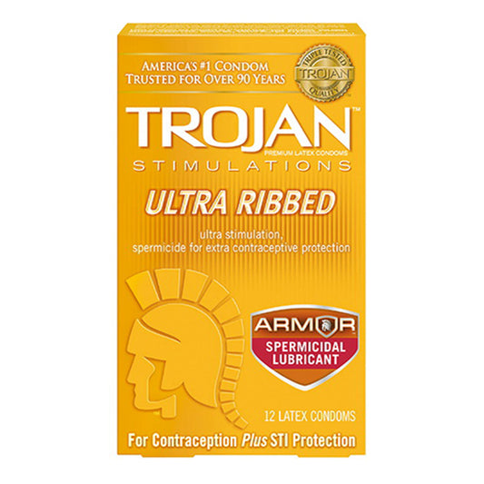 Trojan Ultra Ribbed Lubricated Latex Condoms, Spermicida - 12 Ea
