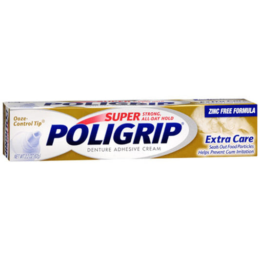 Super Poligrip Denture Adhesive Cream, Extra Care, 2.2 Oz